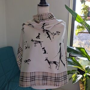 Burberry Vintage Cream and Black Silk Dog Print Scarf. Brand New - 35x35”